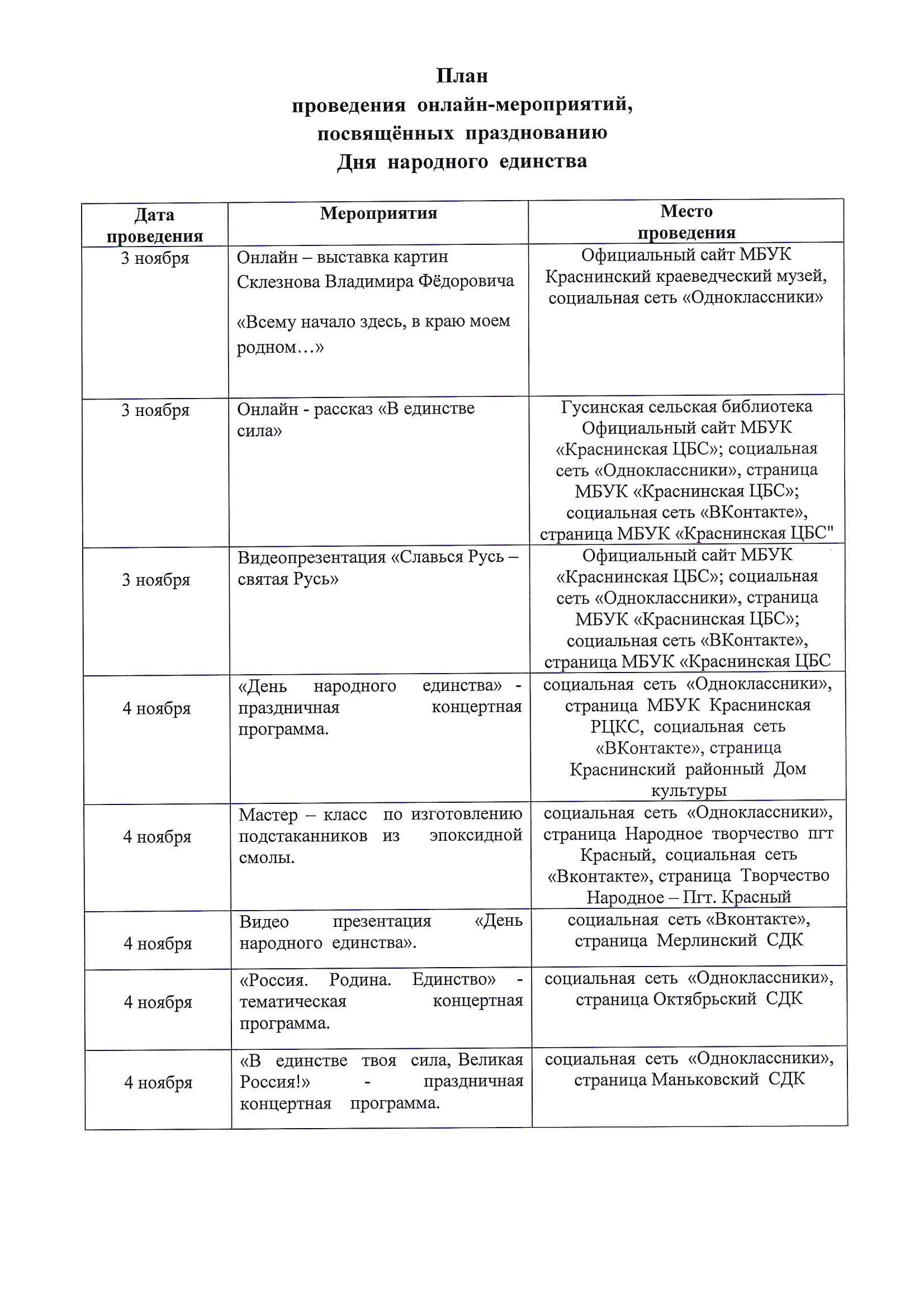 План проведения онлайн - мероприятий, посвящённых празднованию Дня  народного единства